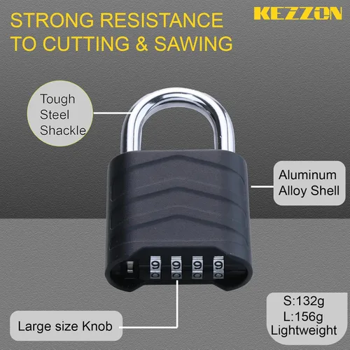 Miniatura 3 de Candado combinado para exteriores, 2.2 pulgadas, 2.205 in, ligero, resistente a la intemperie, 4 digitales, cuerpo de aluminio de seguridad