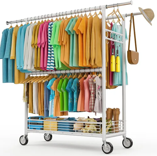 Miniatura 13 de Perchero de ropa resistente con carga de 860 libras, estantes de ropa rodantes de doble barra para colgar ropa, estante de ropa rodante con estantes