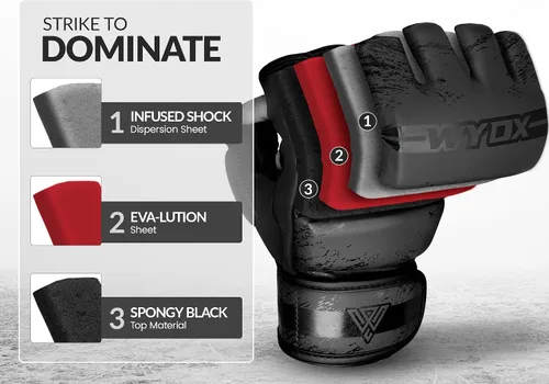Miniatura 3 de WYOX Guantes MMA para hombres y mujeres – Guantes de boxeo de agarre y combate con diseño de palma abierta, guantes de entrenamiento acolchados sin