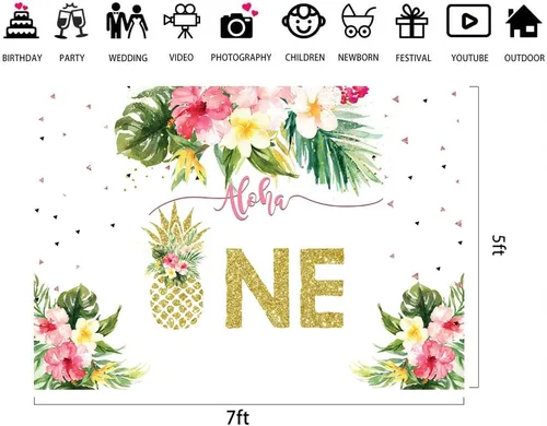Miniatura 7 de Lofaris Fondo de fiesta de verano con diseño floral tropical hawaiano de piña, piña, decoración de fiesta de cumpleaños para niños, 7 x 5 pies