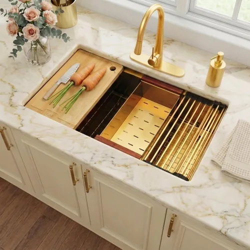 Miniatura 27 de LQS Fregadero pequeño de barra dorada para montaje inferior, fregadero de barra húmeda de PVD dorado y fregadero de cocina RV de 15 x 17 pulgadas