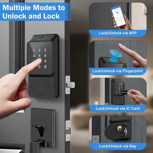 Miniatura 3 de Cerradura de puerta inteligente WiFi, entrada sin llave con puerta de enlace y asas, pantalla táctil, teclado de huellas dactilares, llave