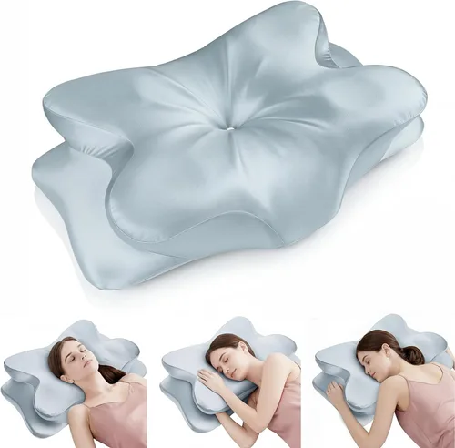 Almohada cervical para el cuello para aliviar el dolor de cuello, almohada ergonómica de contorno de espuma viscoelástica con funda de tela de satén