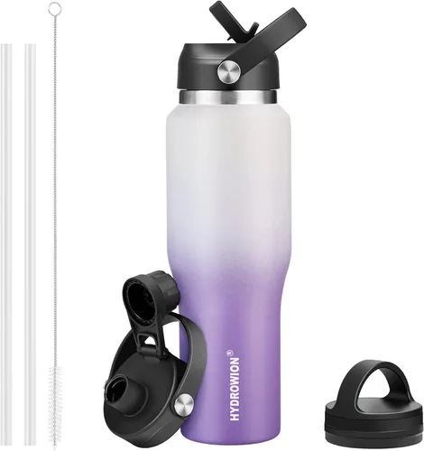Miniatura 50 de HYDROWION Botella de agua de acero inoxidable, 32 onzas, boca ancha, doble pared, aislada al vacío, con tapa de pajilla, tapa de boquilla y tapa