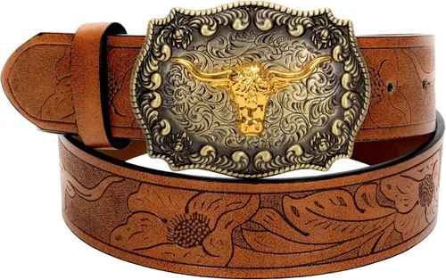 Rodeo Western-Longhorn-Bull Cowboy-Belt para mujeres y hombres, cinturón de piel sintética con relieve floral para jeans