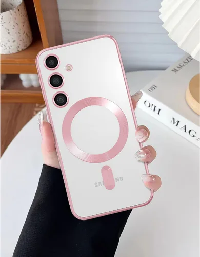Miniatura 14 de Funda magnética para Samsung Galaxy S23, borde galvanizado, parte trasera transparente, funda protectora delgada con protección de cámara, Rosa