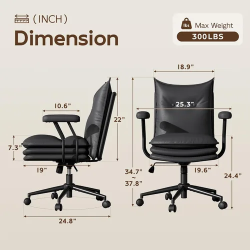 Miniatura 2 de Silla de oficina negra con asiento ancho grueso de triple capa, silla de escritorio de cuero con respaldo medio con ruedas y brazos, silla