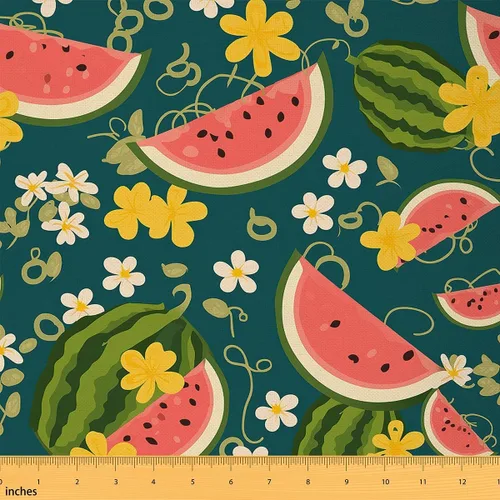 Tela colorida de sandía por yarda, tela de tapicería de verano con frutas de acuarela para los amantes de la costura, flores amarillas, suministros