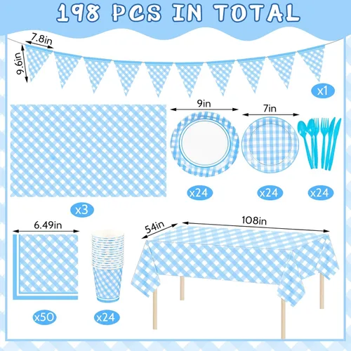Miniatura 2 de Preboun 198 piezas de suministros de fiesta a cuadros para 24 invitados, mantel a cuadros, banderín, placa, servilleta y cubiertos para picnic, Azul