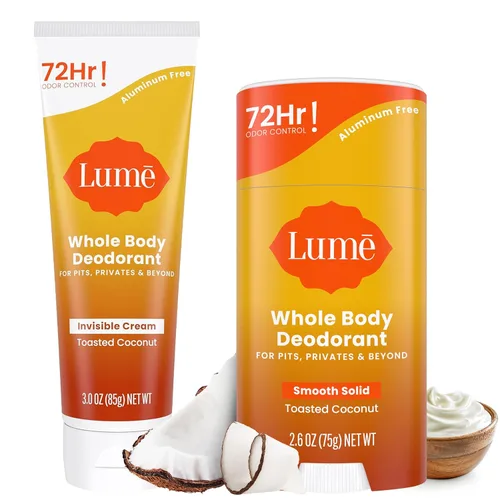 Lume Desodorante para todo el cuerpo, tubo de crema invisible y barra sólida, control de olores de 72 horas, sin aluminio, sin bicarbonato de sodio,