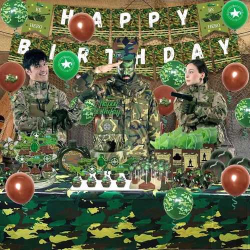 Miniatura 2 de Decoraciones de fiesta de cumpleaños de camuflaje para niños, niñas y adultos, pancarta de camuflaje de feliz cumpleaños, mantel, globos de látex