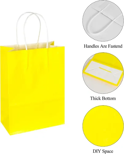Miniatura 6 de BLEWINDZ 32 Bolsas Pequeñas de Papel para Regalos con Papel de Seda, Bolsas Amarillas para Obsequios de Fiesta con Asas, Bolsa de Golosinas de 8.7