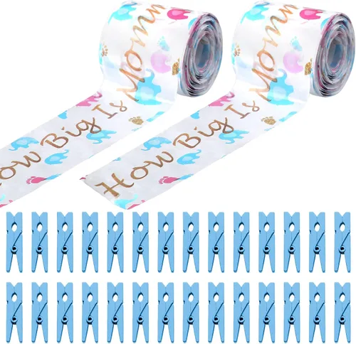 Juego de juegos de baby shower, cinta métrica de abdomen y mini pinzas para la ropa, qué tan grande es el vientre de mamá y no digas juegos de bebé