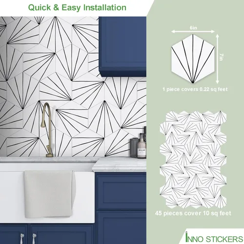 Miniatura 2 de Adhesivo de 45 hojas para despegar y pegar, 6 x 7 pulgadas, diseño de flores hexagonales de estilo Art Deco color blanco, para cocina, baño, ducha