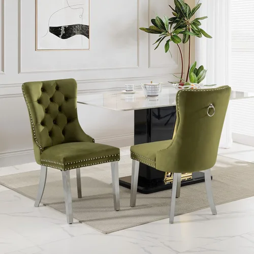 Miniatura 108 de SoarFlash Juego de 2 sillas de comedor de tela de lino, sillas de comedor tapizadas con ribete de cabeza de clavo y patas de madera de color claro