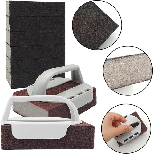 Miniatura 3 de 8 piezas de ladrillos de limpieza de ladrillos de limpieza de parrilla con 2 piezas de mango superior plano para eliminar manchas al aire libre