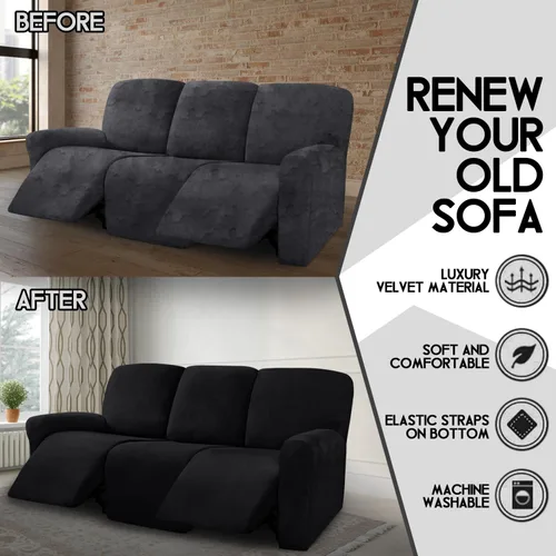 Miniatura 5 de ULTICOR Fundas de terciopelo para sofá reclinable de 8 piezas, fundas elásticas para sofá reclinable de 3 cojines, fundas para muebles, fundas