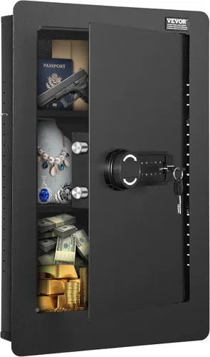 Miniatura 13 de VEVOR Caja fuerte de pared oculta de 3 niveles con huella digital, contraseña, llave y perilla giratoria, Q235 caja de pared de acero laminado