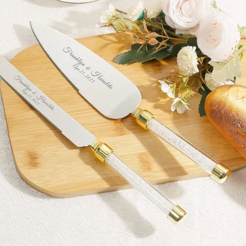 Miniatura 3 de Juego de cuchillo y servidor personalizado para pastel de boda, juego de corte de pastel de cristal grabado, cortador de pastel plateado, cuchillo
