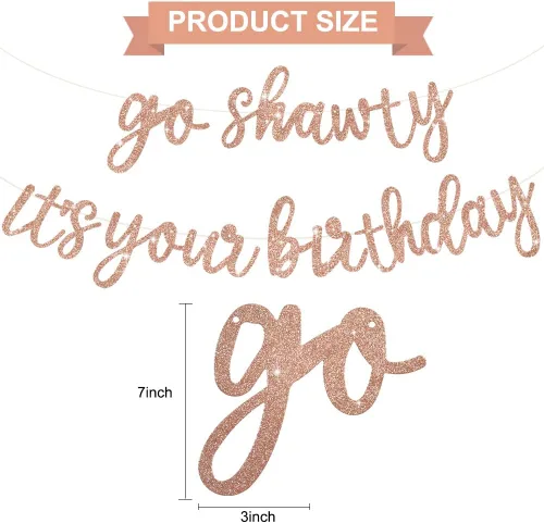 Miniatura 3 de BEISHIDA Pancarta de Oro Rosa "Go Shawty It's Your Birthday" - NO DIY - Pancarta de Feliz Cumpleaños con Purpurina Temática Hip Hop - Pre-Ensartada