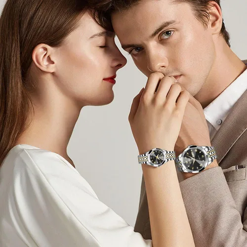 Miniatura 12 de OLEVS Reloj para parejas para él y ella, reloj analógico de cuarzo para hombres y mujeres, de acero inoxidable, impermeable, luminoso, fecha, reloj