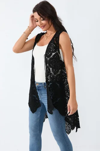 Miniatura 5 de Chaleco de encaje de ganchillo para mujer, estilo bohemio, sin mangas, kimono con dobladillo irregular