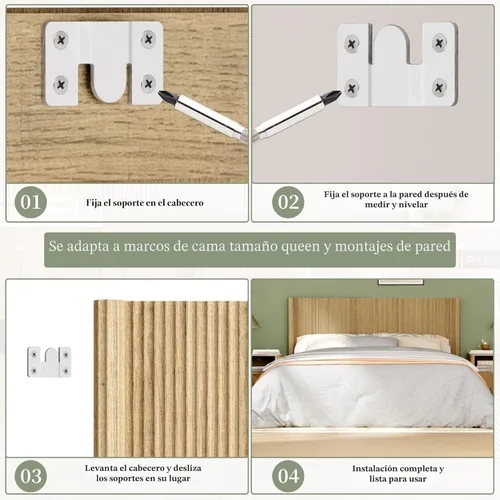 Miniatura 9 de Cabecera tamaño Queen solamente, moderna cabecera acanalada montada en la pared con iluminación, cabecera de cama de madera bohemia elegante Natural