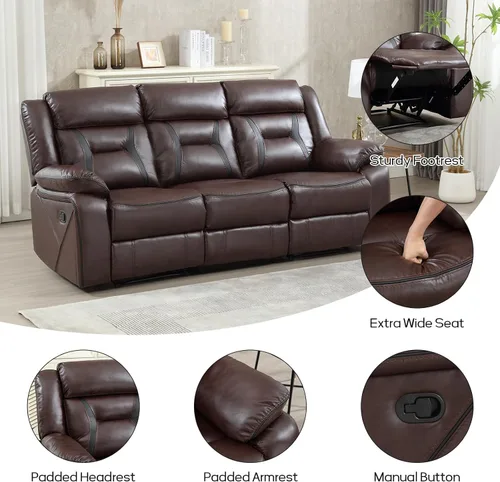 Miniatura 3 de EBELLO Sofá reclinable manual de cuero sintético, sofá reclinable de 3 plazas, sofá cama para sala de estar, muebles, sala de reuniones, marrón