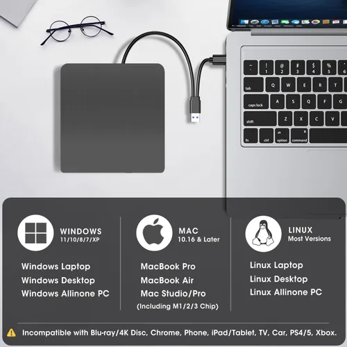 Miniatura 4 de ROOFULL Unidad externa de CD DVD USB 3.0 y USB-C con estuche de transporte, portátil USB ROM +/-RW unidad de disco óptico reproductor quemador