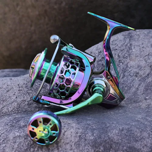 Miniatura 7 de Sougayilang Carrete de pesca, carretes giratorios de marco de aluminio colorido con 12+1 BB inoxidable, mango de aluminio de gran tamaño para pesca