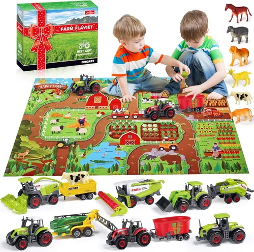 Miniatura 8 de Oriate Transportador de tractor de granja con animales de granja de dibujos animados y tapete de juego, paquete de 6 juguetes rociadores de baño