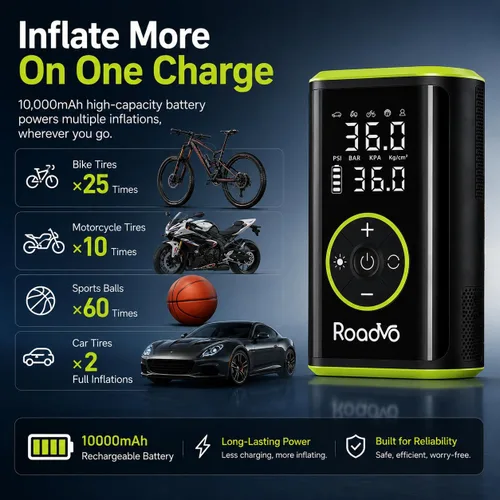Miniatura 5 de Roadvo [10000 mAh] Inflador de neumáticos Compresor de aire portátil - Bomba de aire eléctrica inalámbrica 150PSI 3 veces más rápida para neumáticos