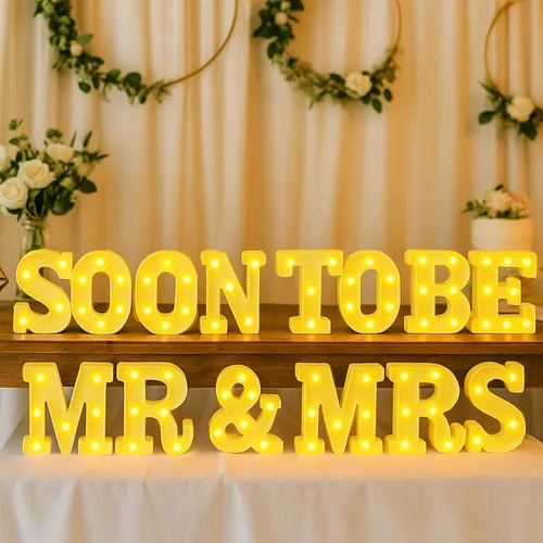 Honoson 14 Pcs Soon to Be Mr and Mrs Light Sign Wedding Party Decoration LED Neon Light up Sign Table Decoration for Wedding Engagement Bridal