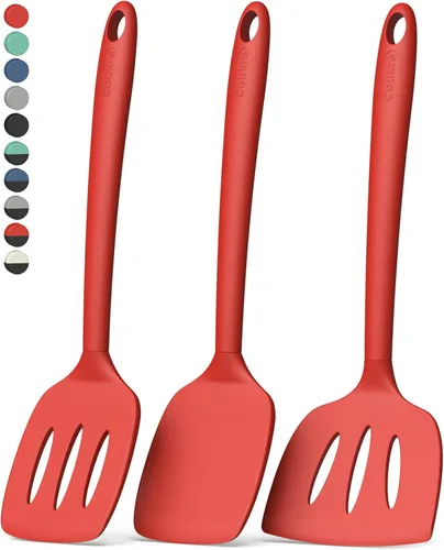 Miniatura 9 de Coukre Juego de 3 espátulas de silicona, resistentes al calor, sin BPA, espátula de pescado, espátula sólida y ranurada para sartenes negro puro