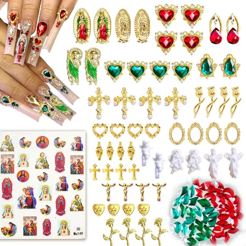 107 piezas de dijes de uñas de la Virgen María en cruz dorada, dijes de San Judas en aleación 3D en forma de corazón y rosa, ángel con strass para