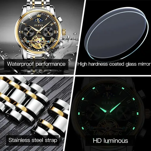 Miniatura 6 de OLEVS Relojes automáticos para hombre, diseño de esqueleto Tourbillon, cuerda automática, reloj de pulsera de lujo, fase lunar, fecha, impermeable