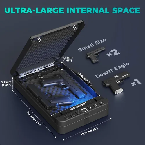 Miniatura 8 de Caja fuerte para pistolas biométrica, caja fuerte para 2 pistolas, acceso rápido a pistola con huella digital, PIN o cerradura de llave recargable