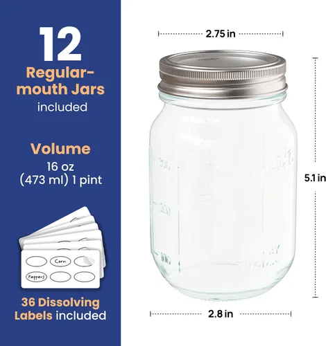 Miniatura 6 de Wallaby Tarros transparentes de boca regular de 16 onzas con tapa y bandas de sellado, recipiente de vidrio hermético para enlatado, decapado