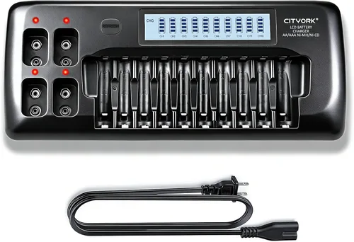CITYORK Cargador de batería AA AAA de 10+4 bahías con pantalla LCD, 10 bahías para baterías NiMH NiMH NiMH NiCd de 1.2 V, 4 bahías para baterías