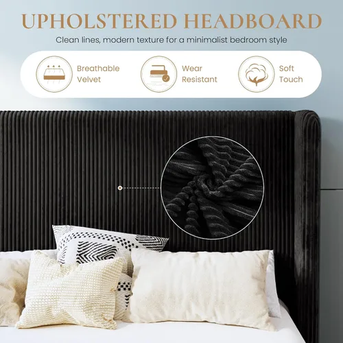 Miniatura 4 de SHA CERLIN - Base de cama tamaño Full tapizada en pana con plataforma y cabecera acolchada con diseño acanalado vertical estilo wingback, 8