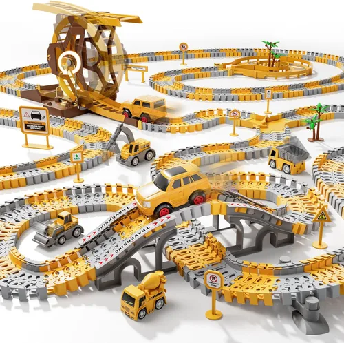 iHaHa 299 piezas de pistas de carreras de construcción para niños, 6 piezas de autos de ingeniería y pista de carreras flexible crea un camino de