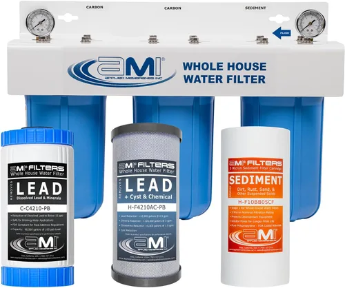 APPLIED MEMBRANES INC. Sistema de filtro de agua de 3 etapas para toda la casa | Filtros de 4.5 x 10 pulgadas que eliminan plomo disuelto y no