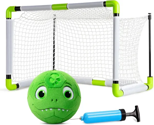 VangeBow Porterías de fútbol de juguete para niños pequeños para patio trasero interior con pelota de dinosaurio de felpa suave, mini redes de