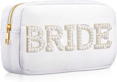 Miniatura 8 de Bolsa de maquillaje de nailon para novia, bolsa de aseo de viaje para cosméticos, bolsa de regalo de compromiso, con diamantes de imitación