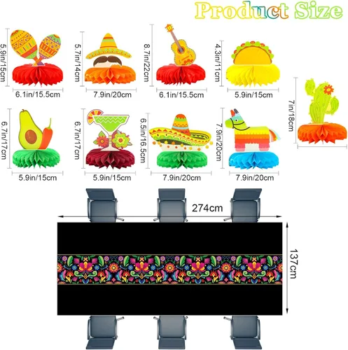 Miniatura 2 de Oudain 12 piezas de decoración de fiesta para fiestas, 3 piezas de 108 x 54 pulgadas, mantel de plástico Cinco de Mayo con 9 piezas de nido de abeja