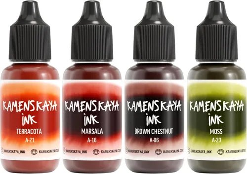 Miniatura 15 de Juego de tinta de alcohol Kamenskaya #10: Combinación de colores combinados de tintas de alcohol, 4 piezas. 0.51 fl oz (15 ml) cada una