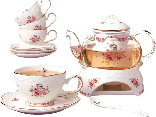 Jusalpha®, tazas de café de fina porcelana china, serie Flower, tetera con cuchara, calentador y filtro, 1 juego de 16 unidades, multi (Multiple