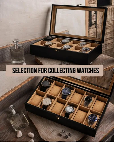 Miniatura 3 de Exper City Caja de reloj, caja de reloj para hombres y mujeres con tapa de vidrio grande, caja de almacenamiento de madera con 12 ranuras