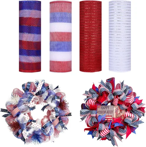 Miniatura 15 de 4 rollos de cinta de malla decorativa de otoño para suministros de fabricación de coronas, 10 pulgadas x 30 pies, cinta metálica de papel