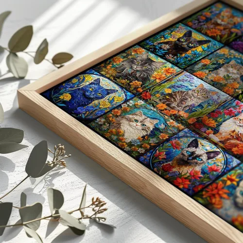 Miniatura 6 de Bgraamiens Rompecabezas de arte de mosaico de gatos, 1000 piezas, arte de vidrieras con gatos y flores, desafío de color para adultos